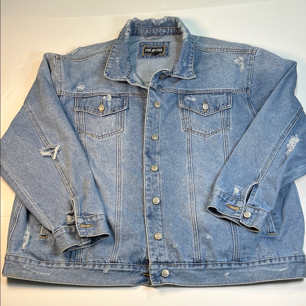 Five.By.Five Women’s Distressed Blue Denim Jacket With Girls on back Sz 3X